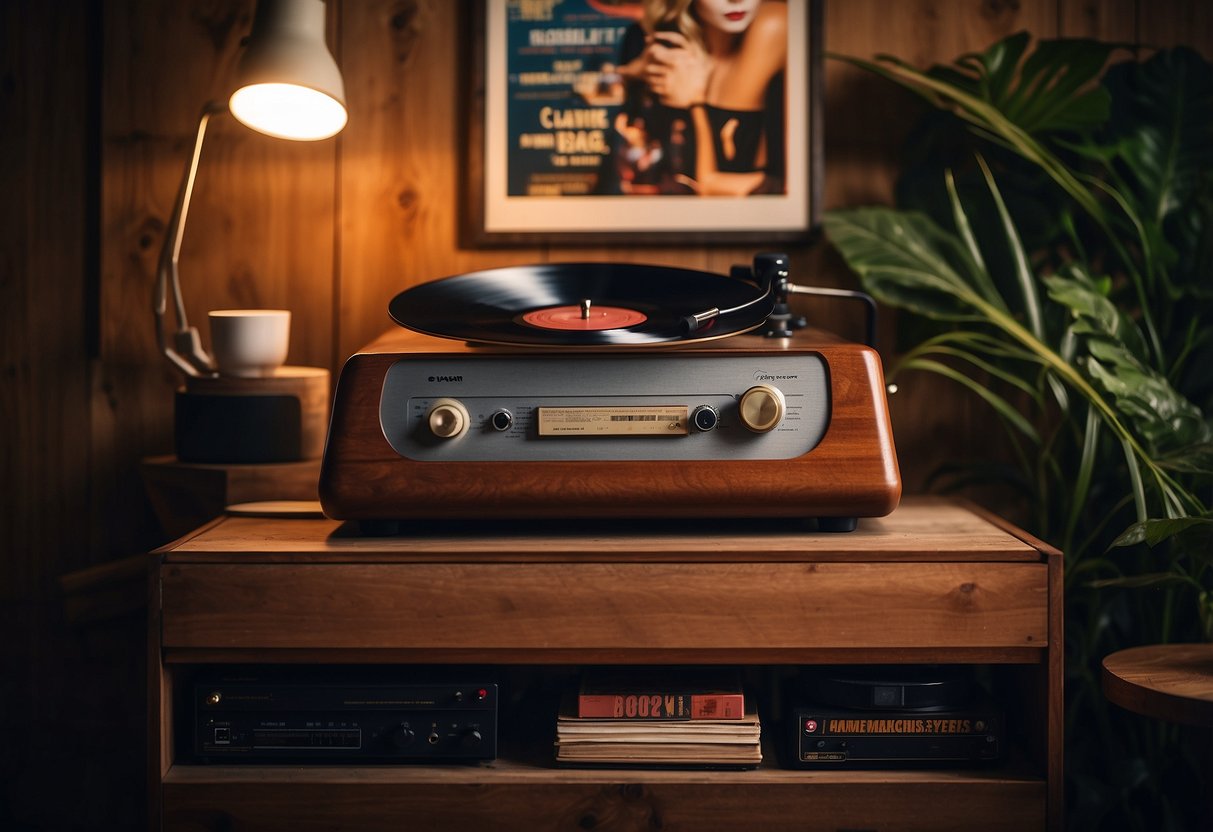 A retro record player sits on a wooden shelf, surrounded by vintage music posters and glowing string lights. A cozy armchair and a stack of vinyl records complete the masculine home decor