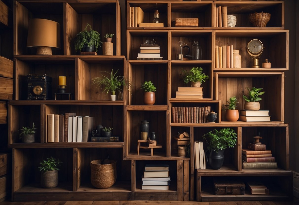 Wooden crates stacked to form bookshelves, adorned with various decor items, in a cozy and masculine home setting