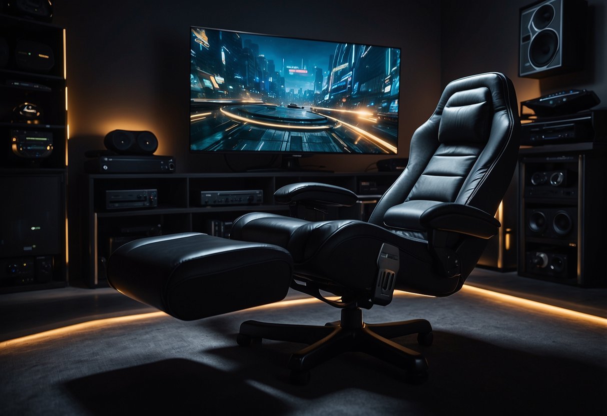 A sleek, black reclining gaming chair sits in a dimly lit room, surrounded by gaming consoles and controllers. A large flat-screen TV hangs on the wall, displaying an action-packed video game