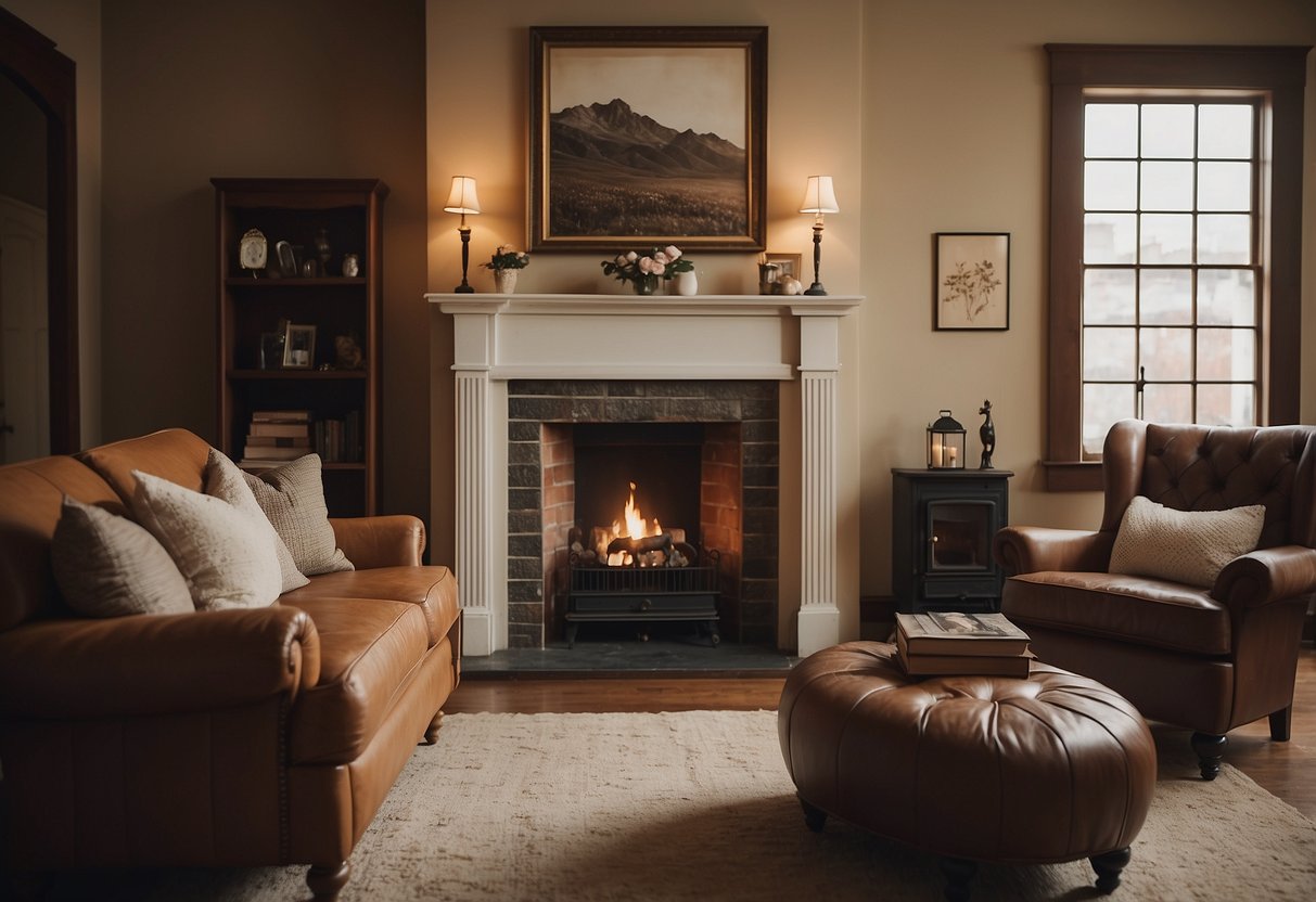 A cozy living room with vintage furniture, soft earthy tones, and classic artwork adorning the walls. A fireplace crackles in the corner, casting a warm glow over the room