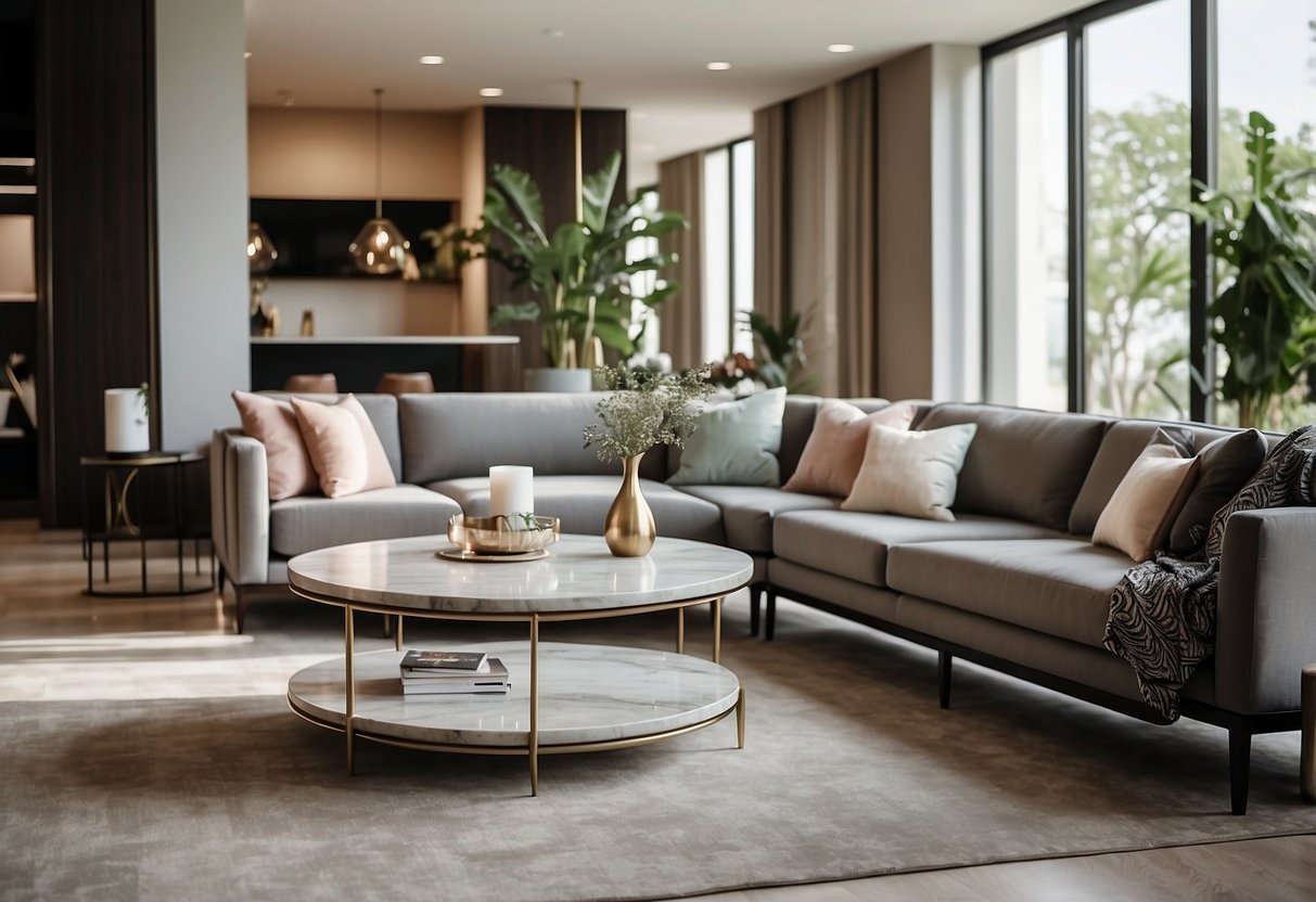 A modern living room with a marble coffee table as the centerpiece, surrounded by stylish furniture and decor, creating a timeless and elegant atmosphere