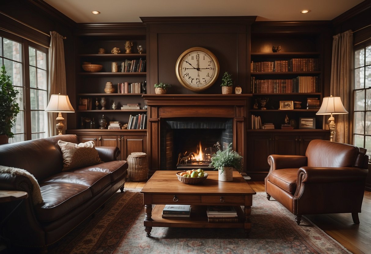 A cozy living room with a vintage leather sofa, a mahogany coffee table, and a classic wingback chair by a fireplace