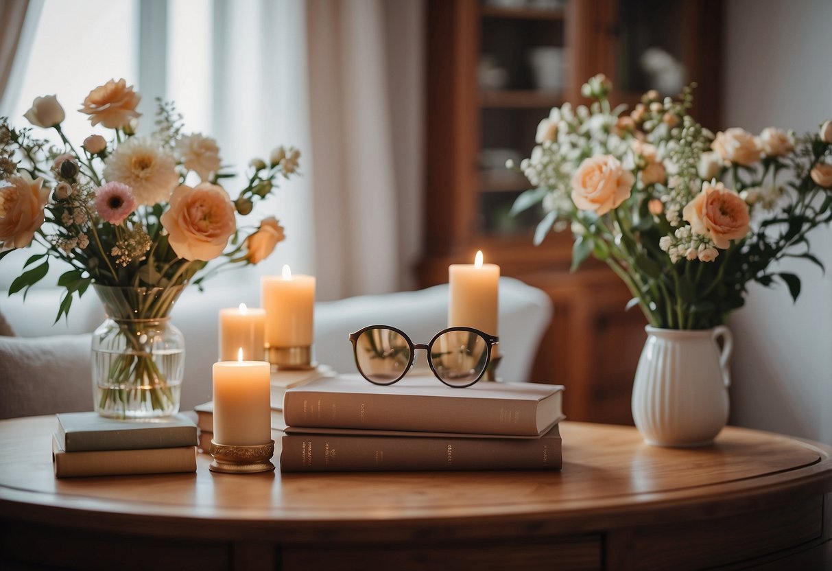 A cozy living room with floral prints, pastel colors, and elegant furniture. A bookshelf filled with inspirational books and decorative candles. A vanity table with a vintage mirror and a bouquet of fresh flowers