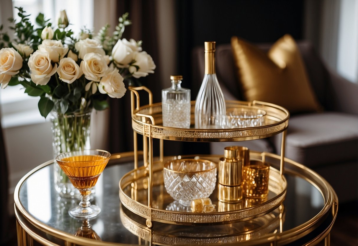 An antique gold bar cart sits in a stylish living room, adorned with crystal decanters, cocktail glasses, and a vase of fresh flowers