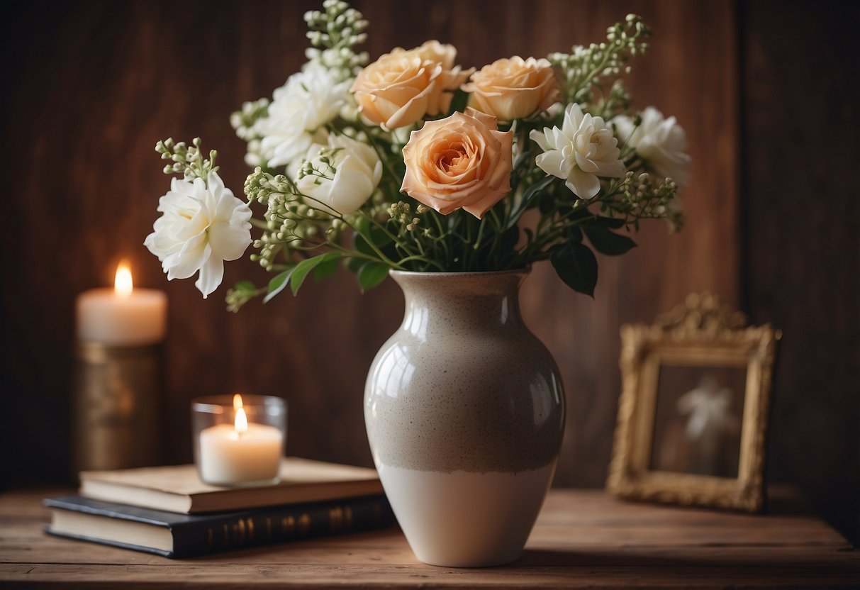 A ceramic vase sits on a rustic wooden shelf, surrounded by fresh flowers and soft lighting, adding a touch of elegance to the cozy living room