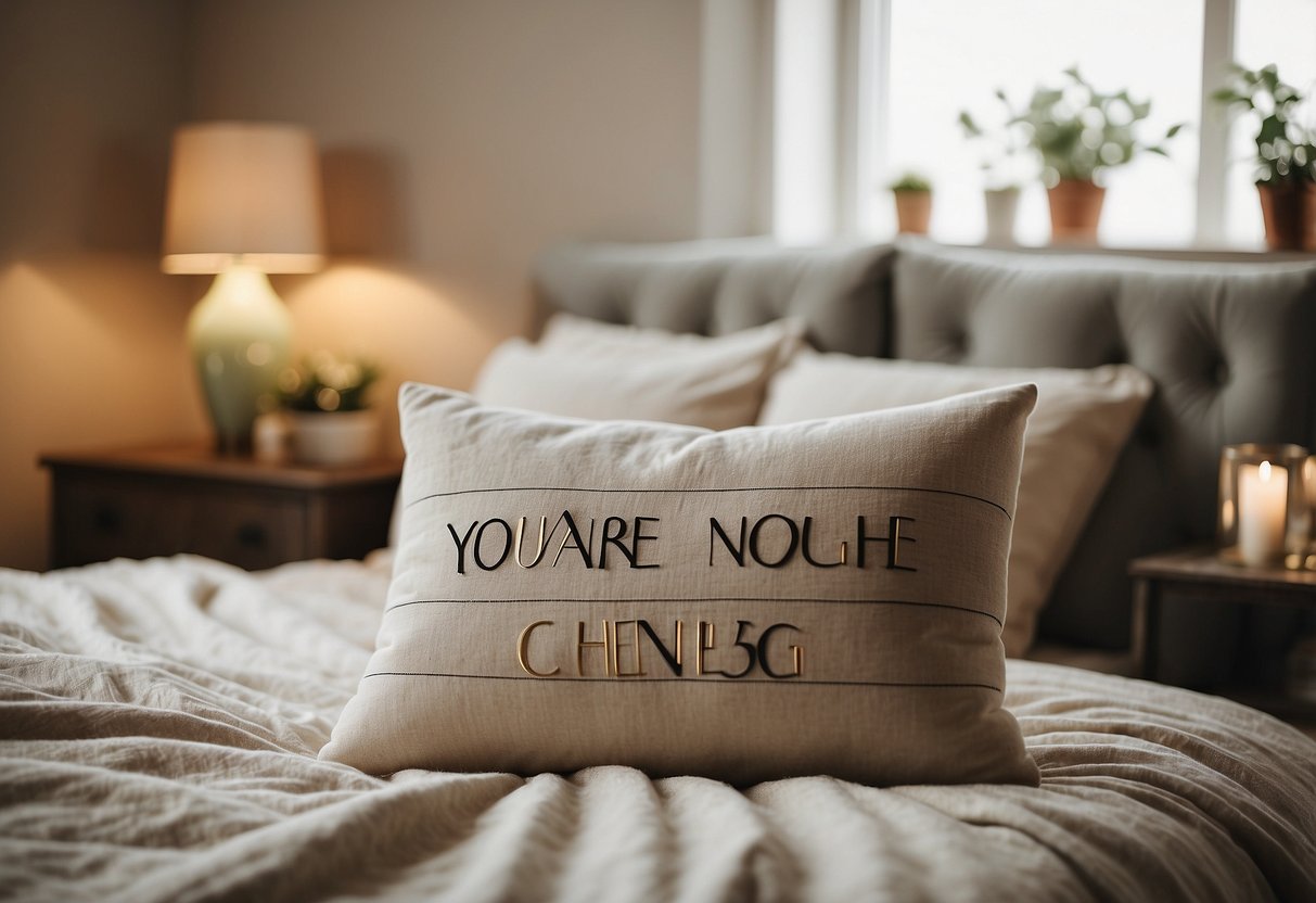 A cozy bedroom with a quotes pillow "You Are Enough" on a bed, with feminine home decor accents