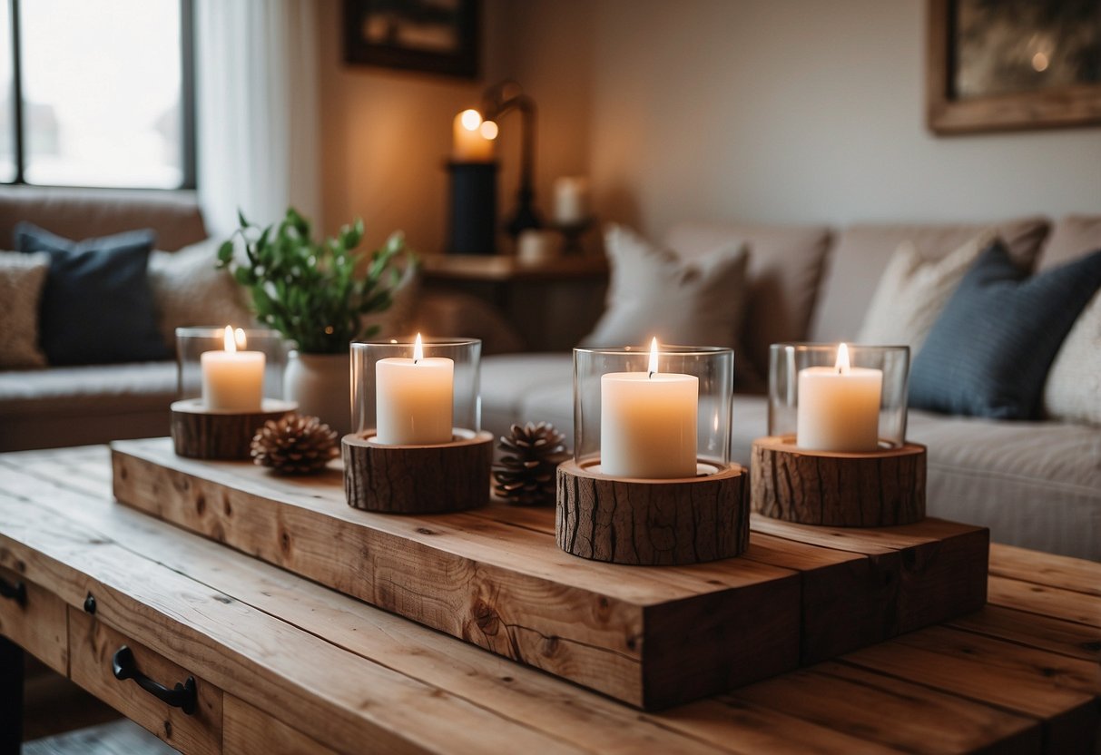 A cozy living room with rustic wooden candle holders on a farmhouse-style coffee table, creating a warm and inviting atmosphere