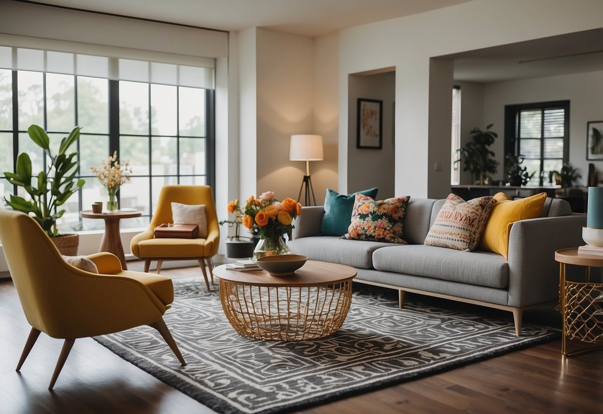 A modern living room with a geometric area rug as the focal point, surrounded by contemporary furniture and vibrant accent pieces