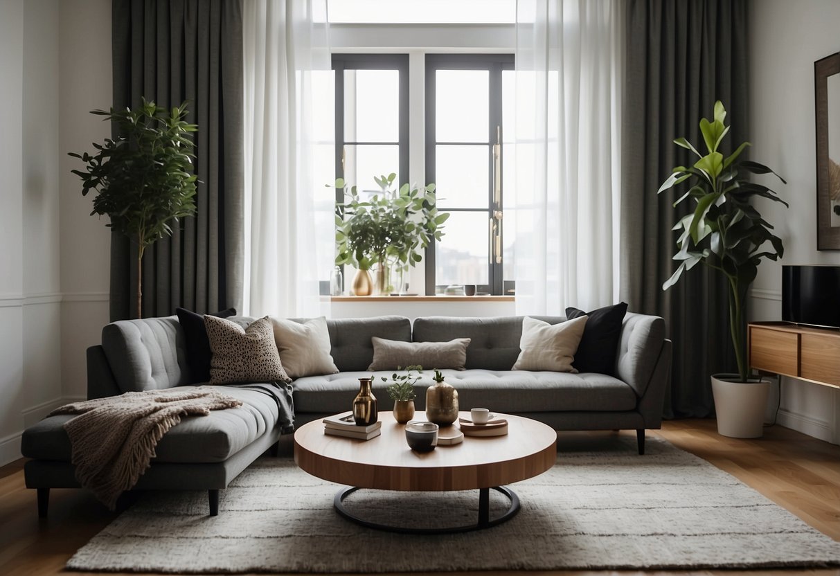 A cozy living room with a stylish sofa, soft throw pillows, and a chic coffee table. A modern rug and elegant curtains complete the look