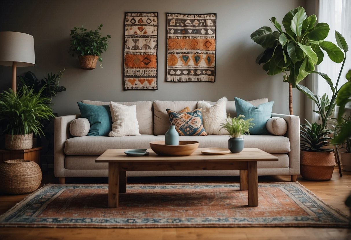 A cozy living room with eclectic wall art, vintage rugs, and hanging plants. A mix of colorful throw pillows and unique sculptures add personality to the space