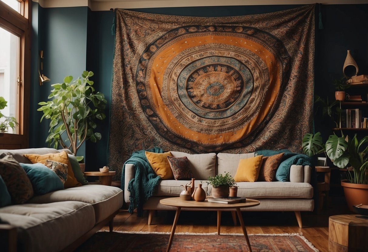 A cozy living room with a colorful bohemian tapestry hanging on the wall, surrounded by vintage furniture and eclectic decor