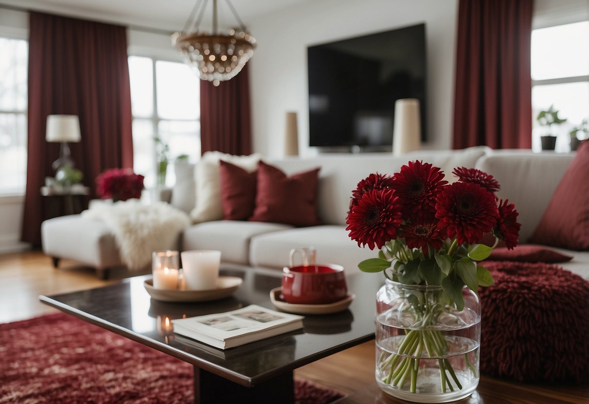 A cozy living room with burgundy curtains, throw pillows, and a plush rug. A vase of deep red flowers sits on a side table