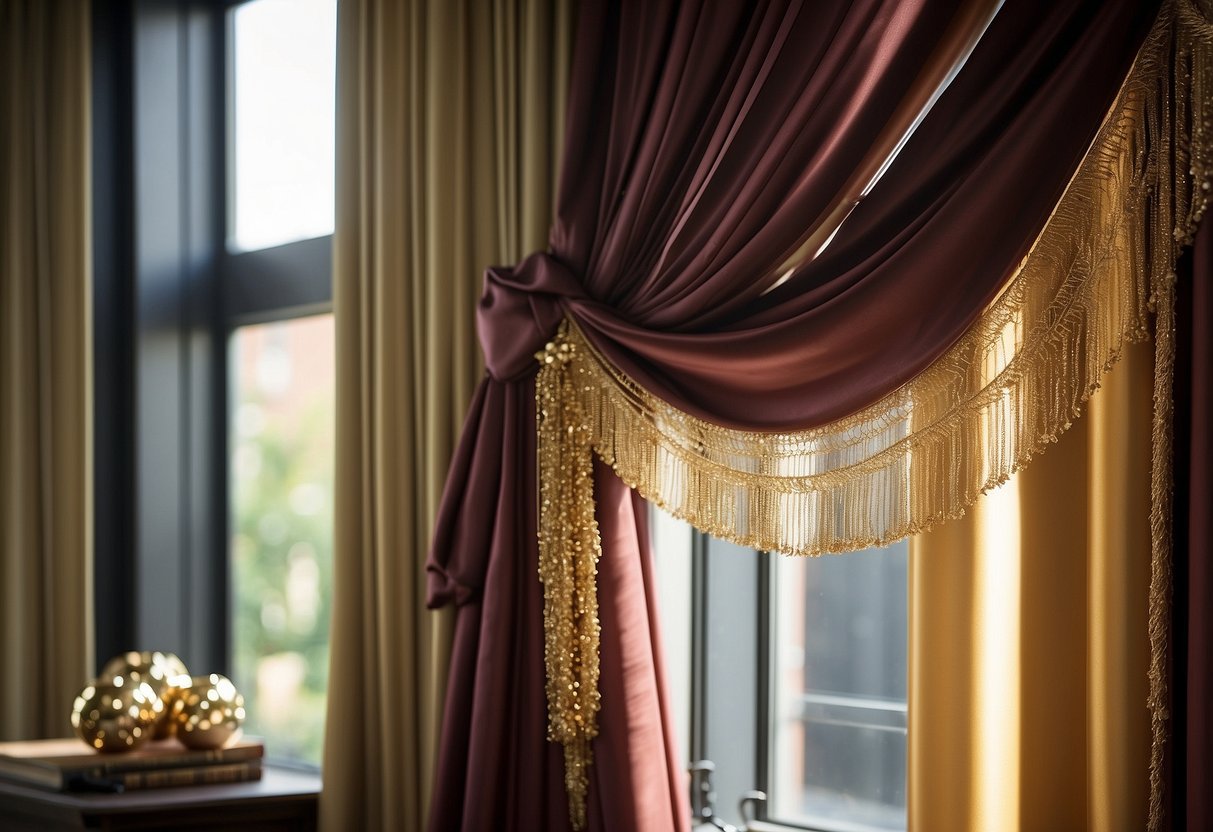 Burgundy and gold curtain panels hang elegantly in a sunlit room, adding warmth and sophistication to the space