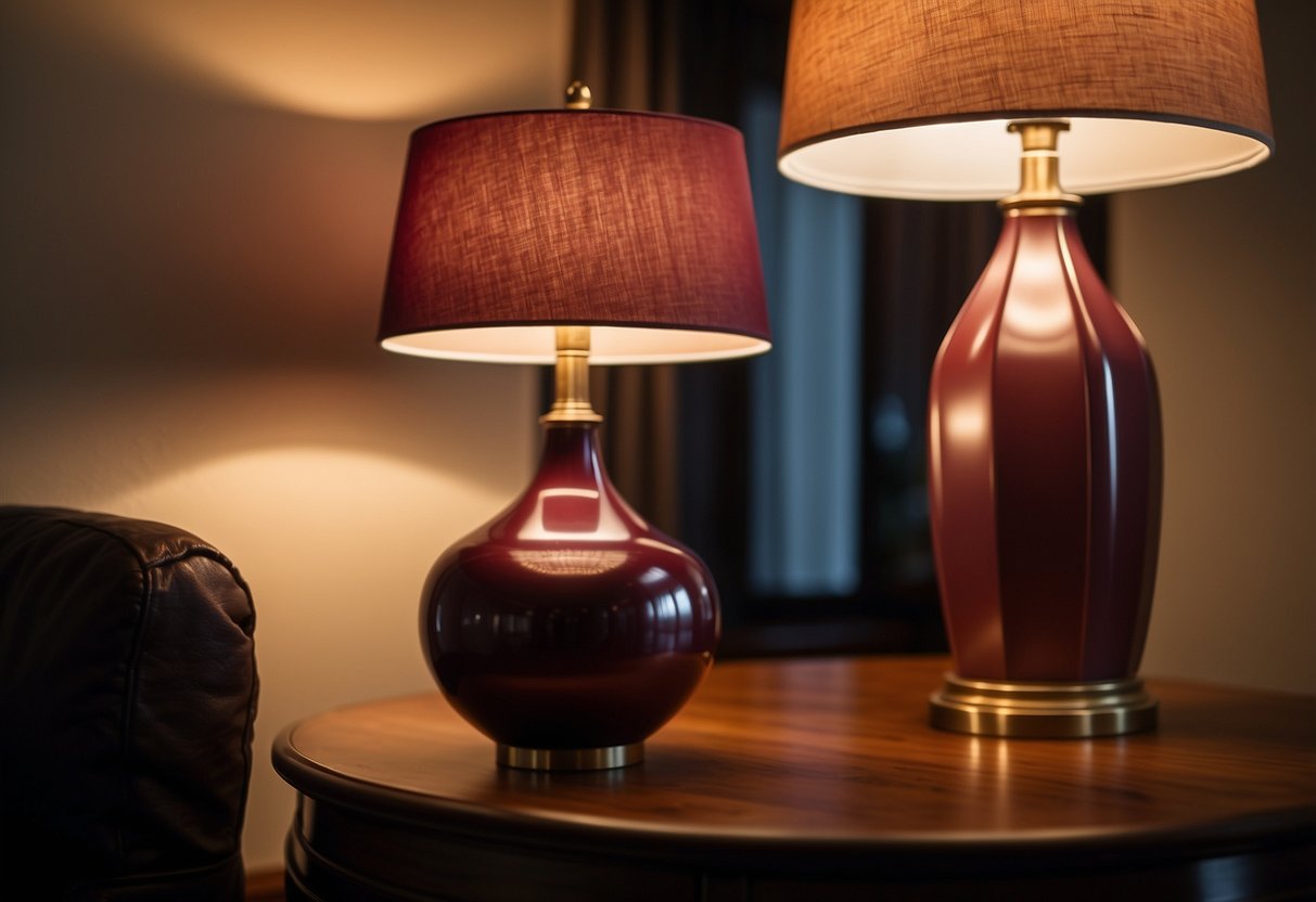 A burgundy table lamp sits on a wooden side table, casting a warm glow in a cozy living room