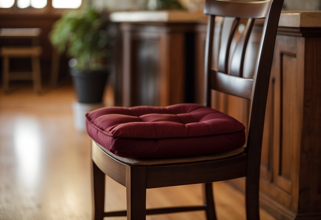 A burgundy dining chair cushion sits on a wooden chair, surrounded by a cozy dining room setting with warm lighting and elegant decor