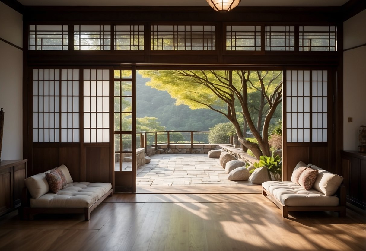 A traditional Korean home with low wooden furniture, paper lanterns, and floor cushions. A sliding door opens to reveal a serene garden with a small stone bridge