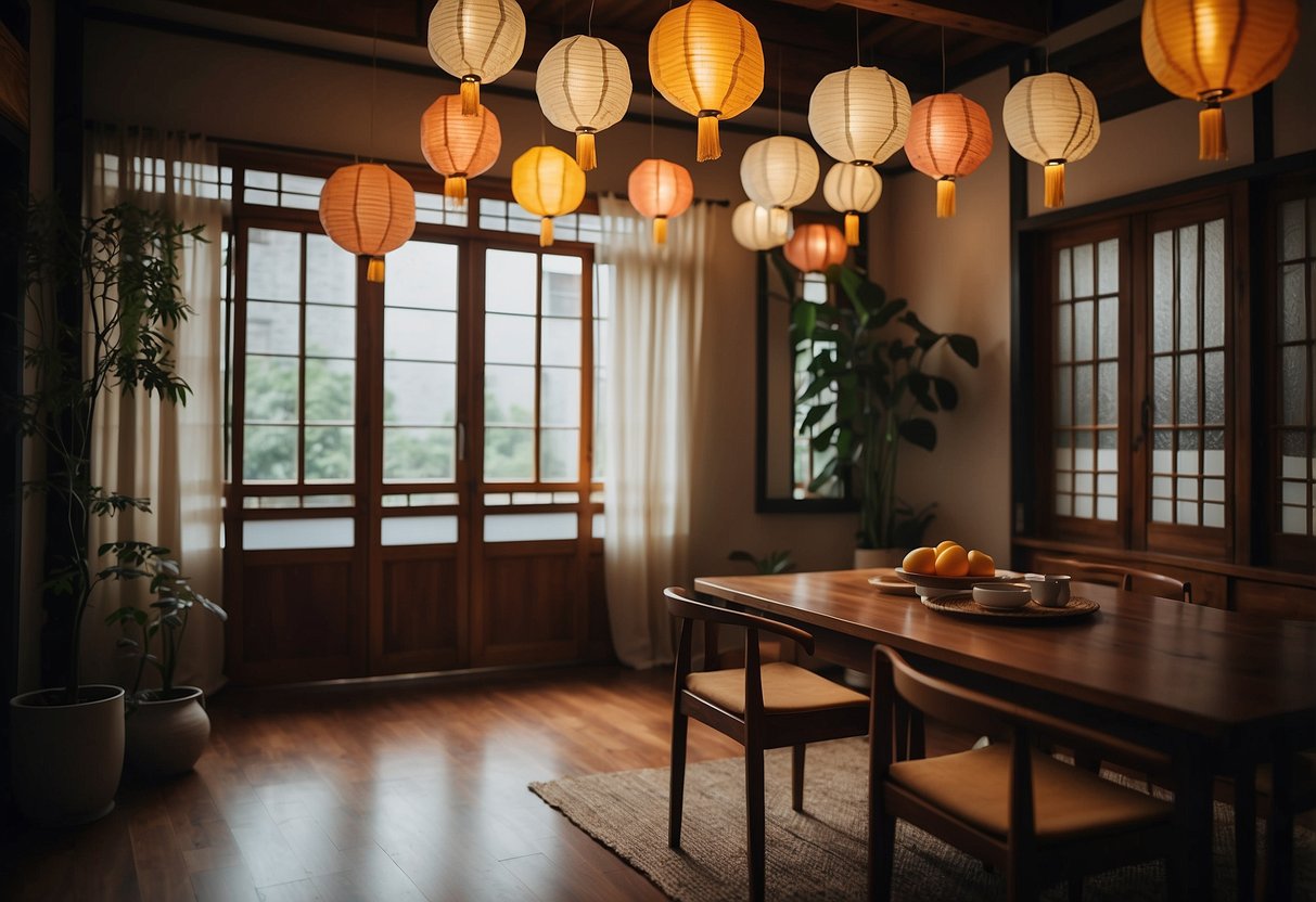 A cozy Korean home adorned with vibrant paper lanterns, casting a warm and inviting glow, adding a touch of traditional charm to the decor