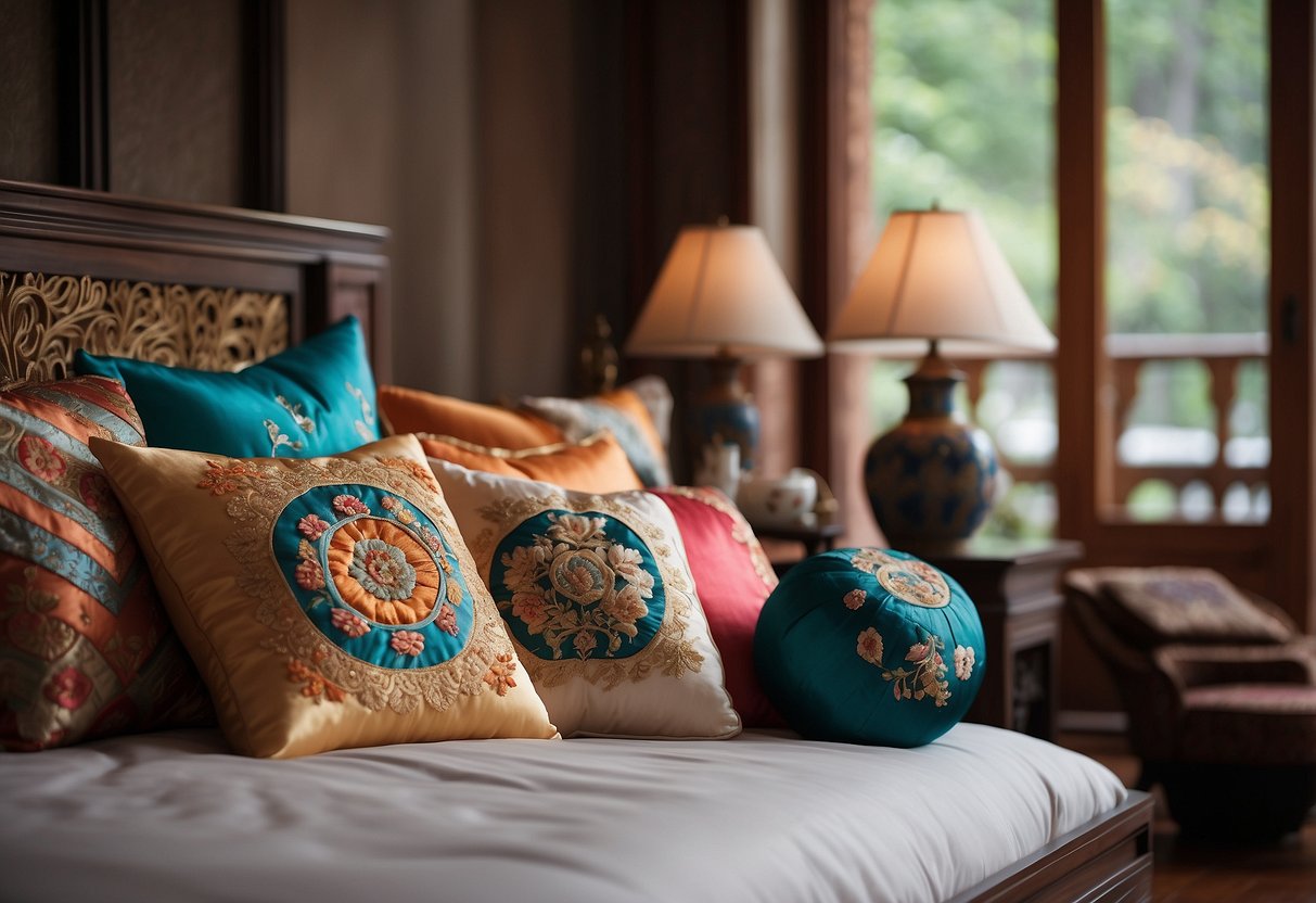 Colorful silk embroidered pillows arranged on a traditional Korean wooden platform bed with a backdrop of elegant oriental home decor