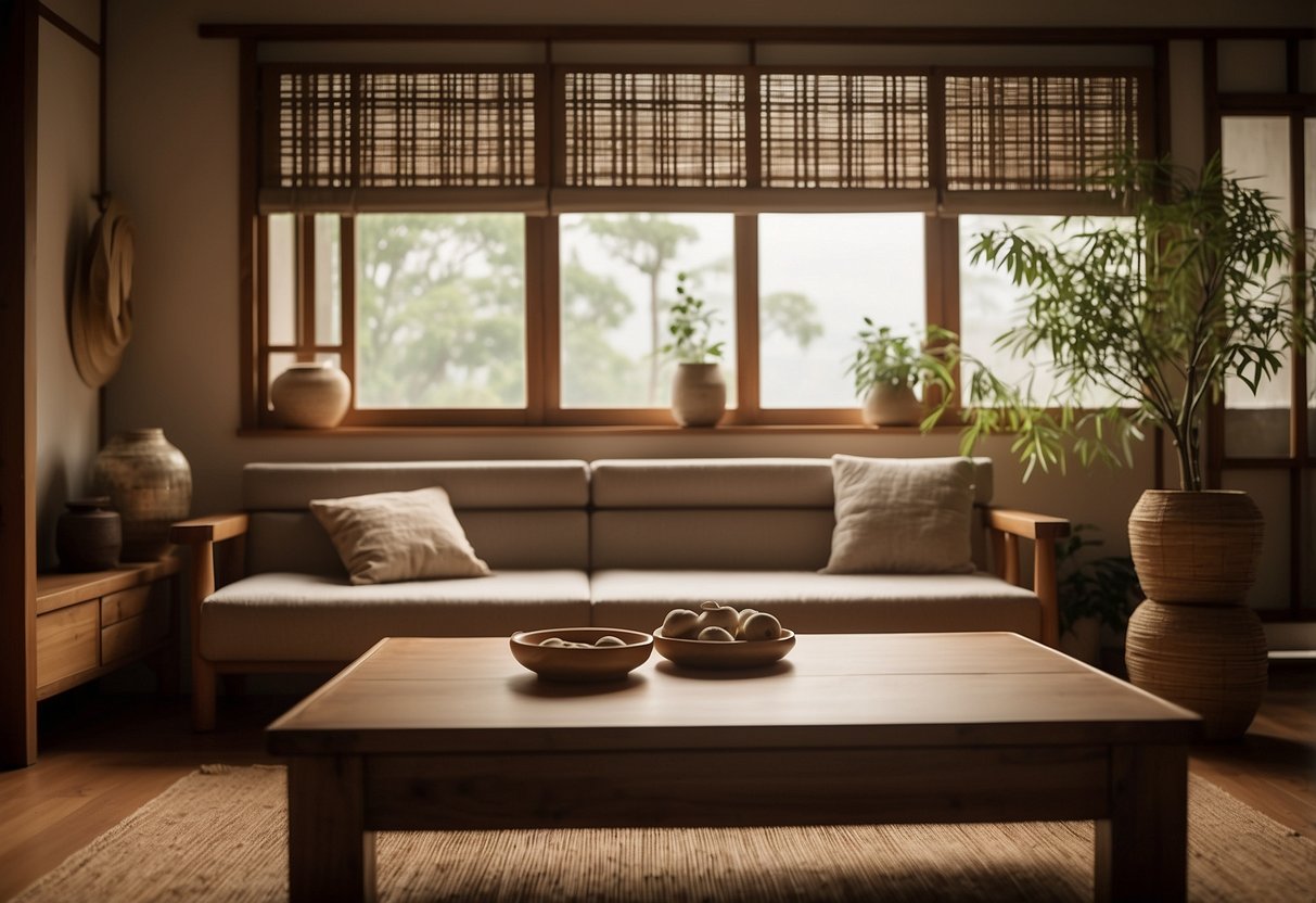 A cozy Korean home with bamboo blinds, low wooden furniture, and traditional pottery. Warm lighting and minimalistic decor create a serene atmosphere