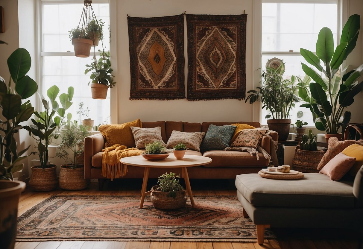 A cozy living room with eclectic wall art, vintage rugs, and hanging planters. A mix of textures and colors creates a bohemian vibe