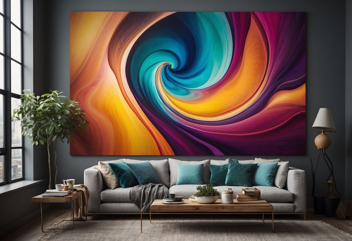 Vibrant, swirling colors blend together on a large canvas, creating an abstract masterpiece. The artwork by Sarah Tuttle adds a modern and artistic touch to the room