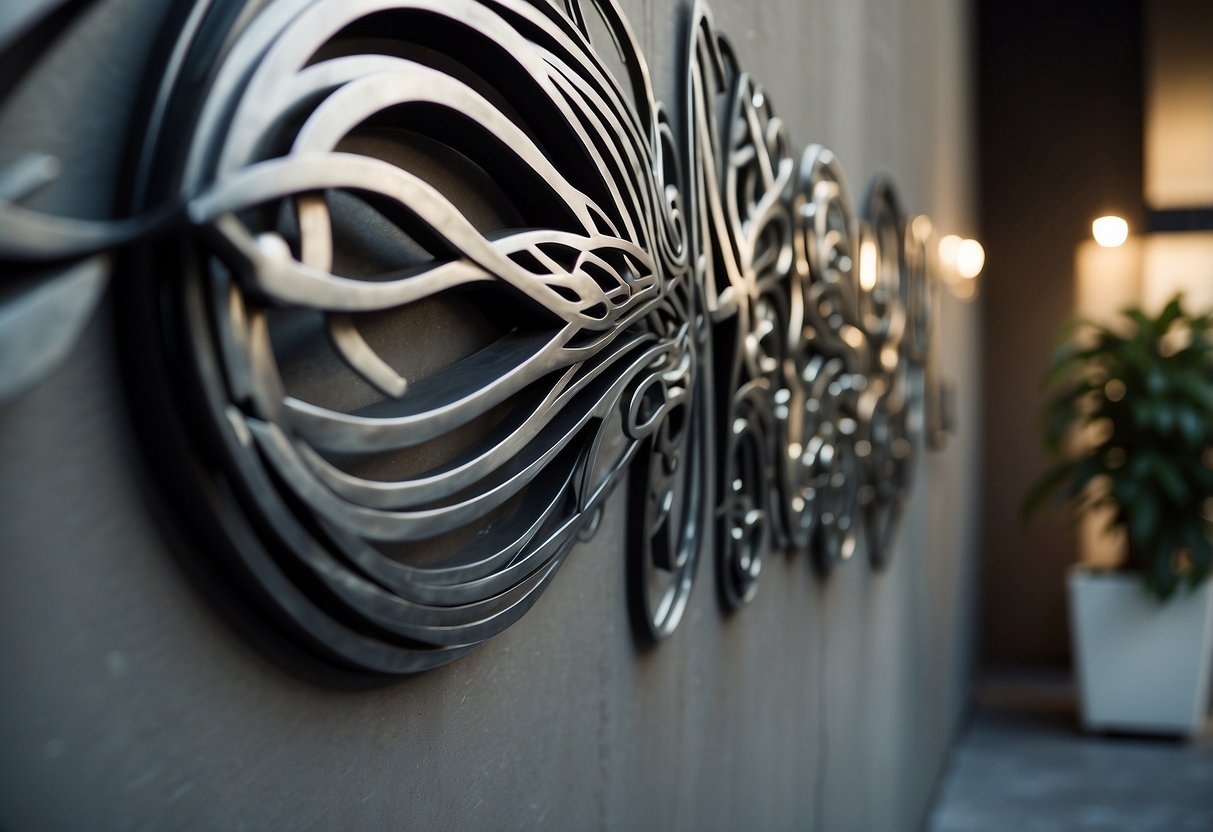 Abstract metal sculptures arranged on a wall, casting dynamic shadows