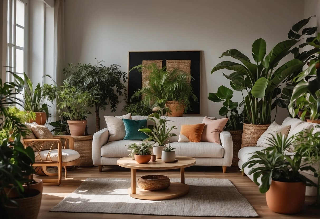 A cozy living room with vibrant potted plants arranged artistically as home decor, adding an exotic touch to the space