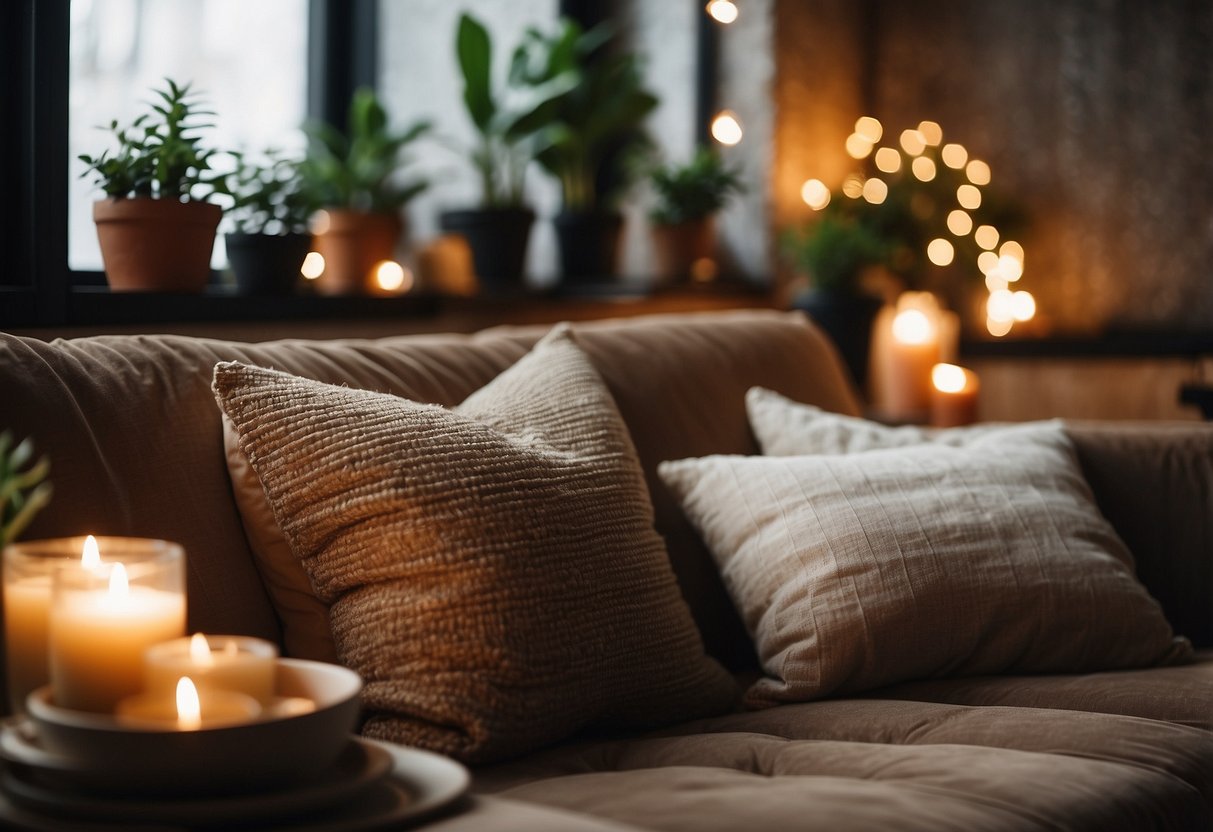 A cozy living room with warm earthy tones, textured throw pillows, and potted plants. A soft, ambient light from string lights and candles creates a relaxing atmosphere