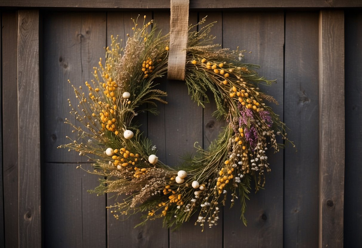 A rustic farmhouse wreath hangs on a weathered wooden door, adorned with dried flowers, berries, and twigs, creating a cozy and welcoming atmosphere