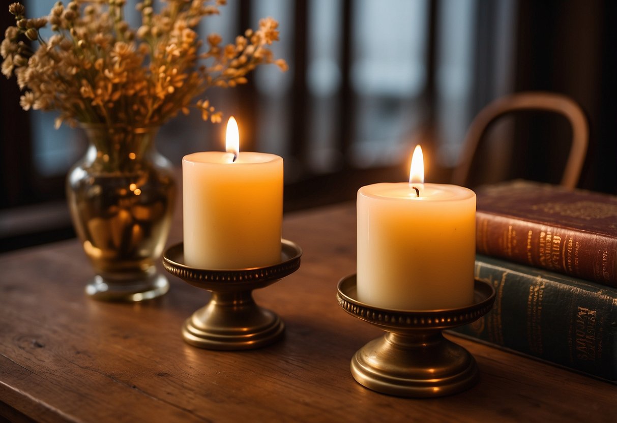 Two vintage brass candle holders sit on a wooden table, surrounded by dried flowers and antique books. The warm glow from the candles adds a cozy touch to the room