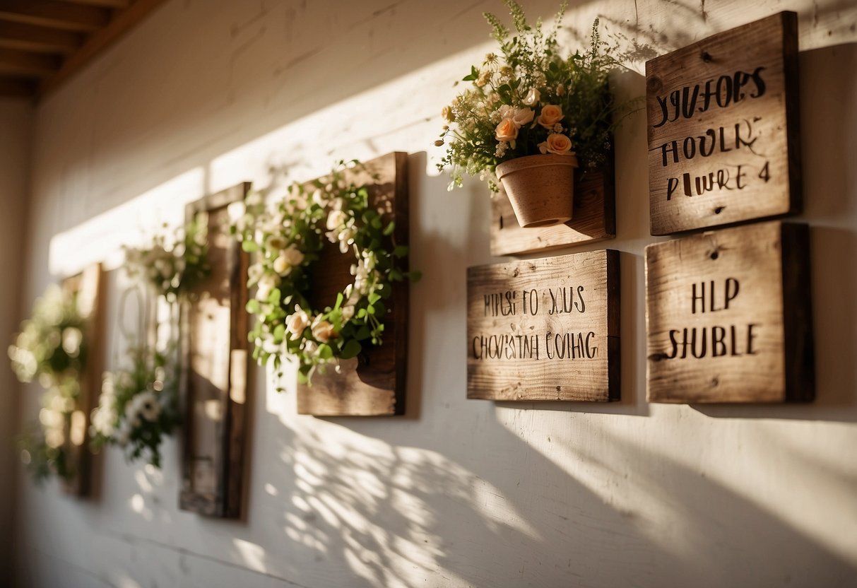 Rustic wooden signs hang on a whitewashed wall, adorned with floral wreaths and hand-painted lettering. Sunlight filters through lace curtains, casting a warm glow on the charming home decor