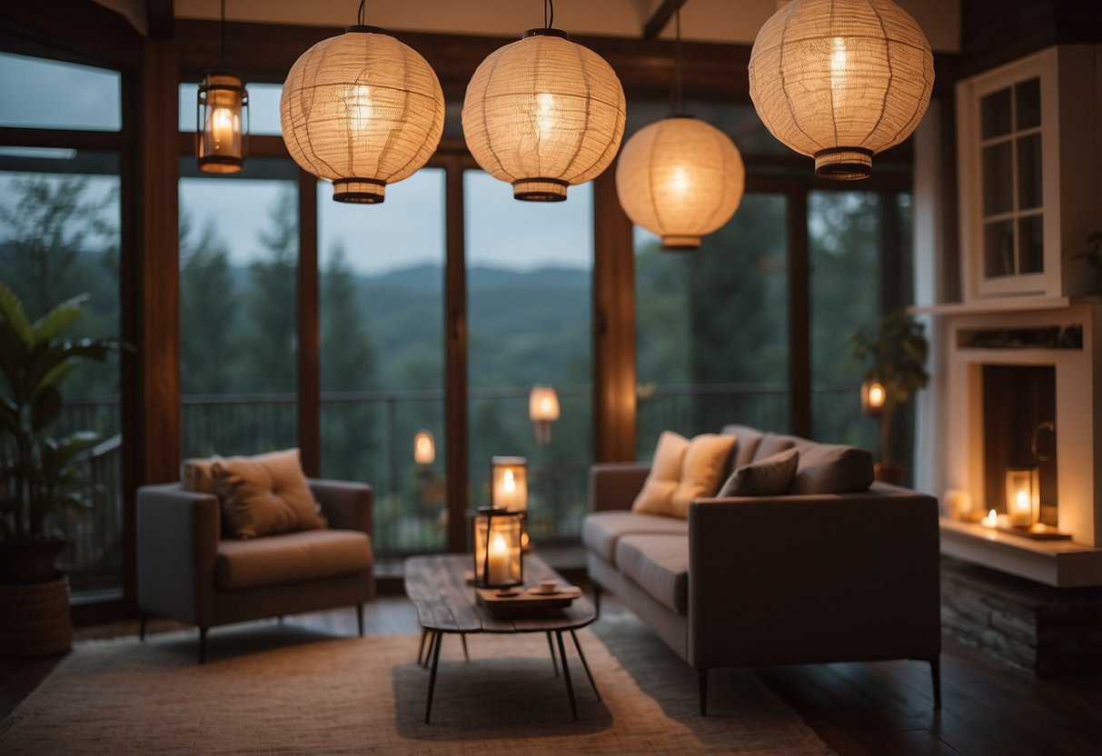 A cozy living room with hanging lanterns casting a warm glow over a comfortable seating area and elegant decor