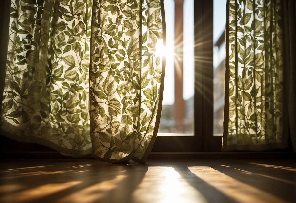 Sunlight filters through leaf-patterned curtains, casting intricate shadows on the hardwood floor. The gentle breeze causes the fabric to sway, adding a touch of natural elegance to the room