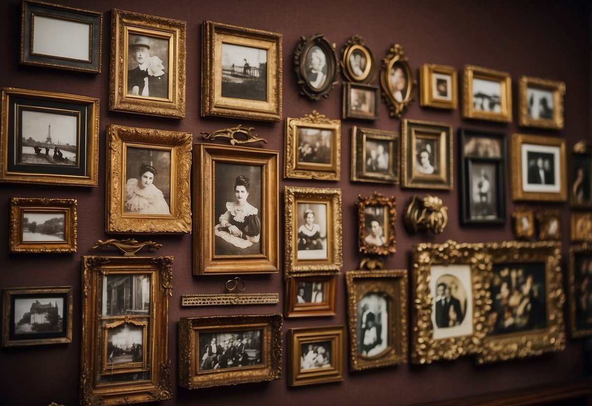 An array of antique picture frames adorns the walls, adding a touch of vintage charm to the room's decor