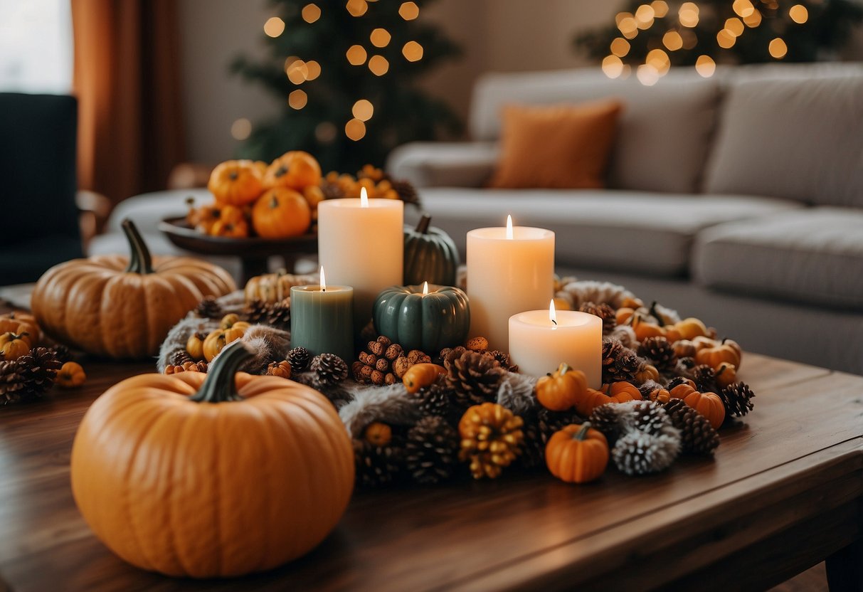 A cozy living room with fall-themed pillows and blankets, a pumpkin spice scented candle, and a decorative wreath on the wall