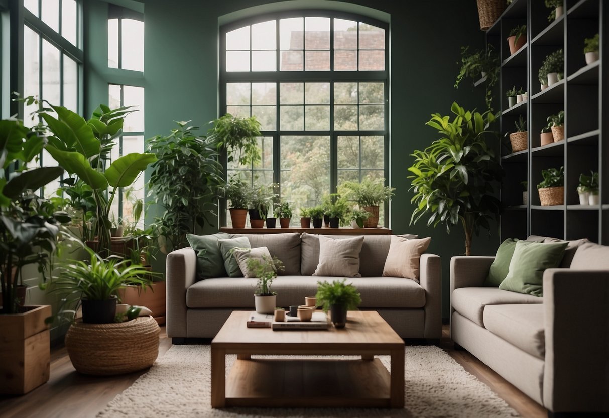 A cozy living room with a large window, adorned with artificial plants on shelves and tables, creating a green and serene atmosphere