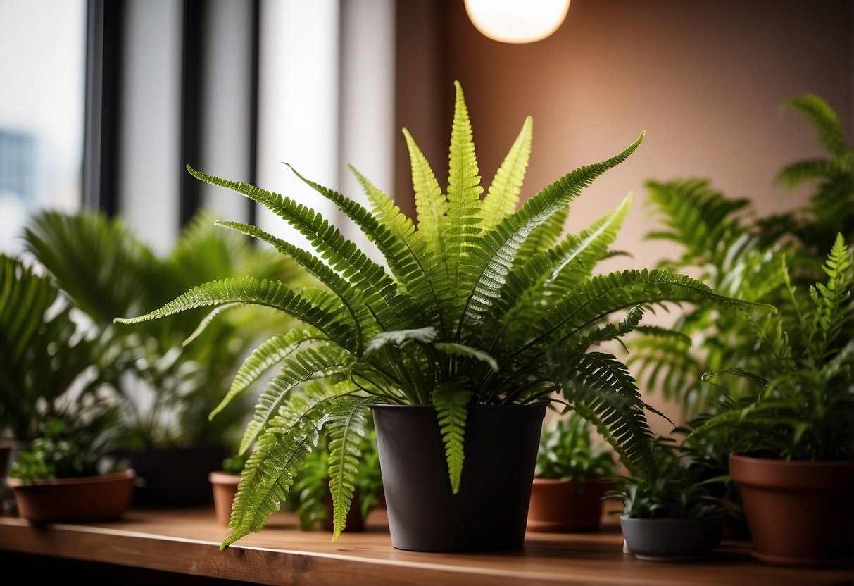 A plastic Boston Fern decor sits on a shelf with artificial plants