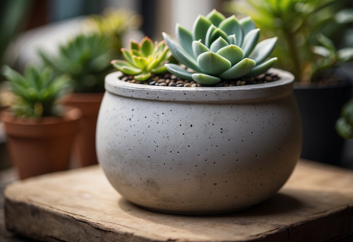 A concrete pot holds a fake succulent, surrounded by artificial plants for home decor