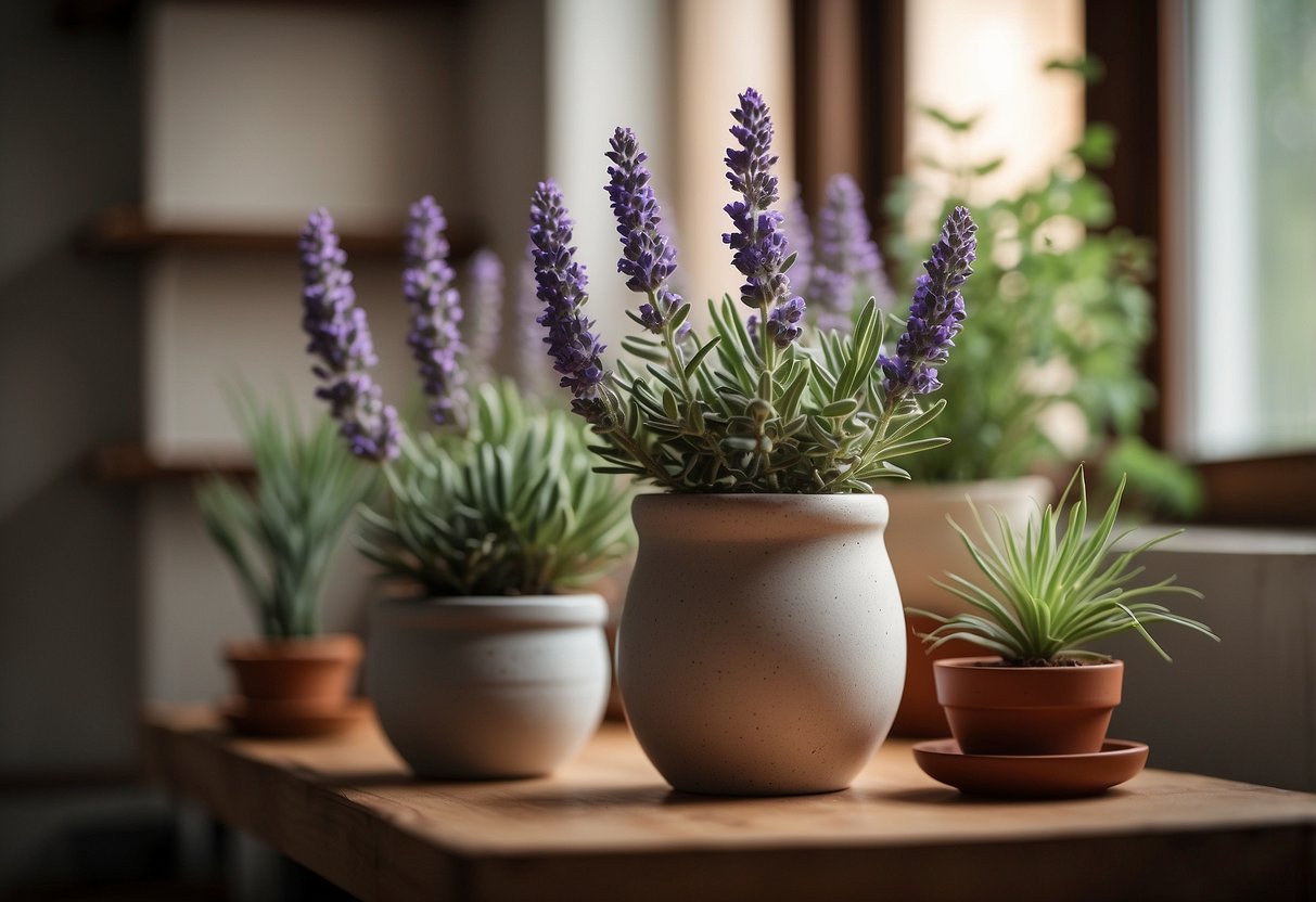 A fake potted lavender sits on a wooden shelf, surrounded by other artificial plants, in a cozy home decor setting