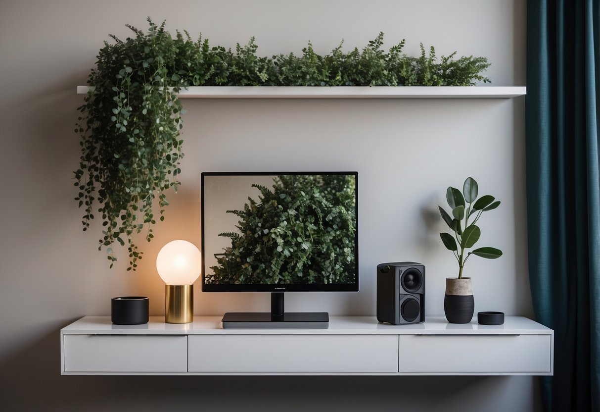 A modern living room with a sleek white shelf adorned with polyester eucalyptus sprigs and artificial plants as home decor