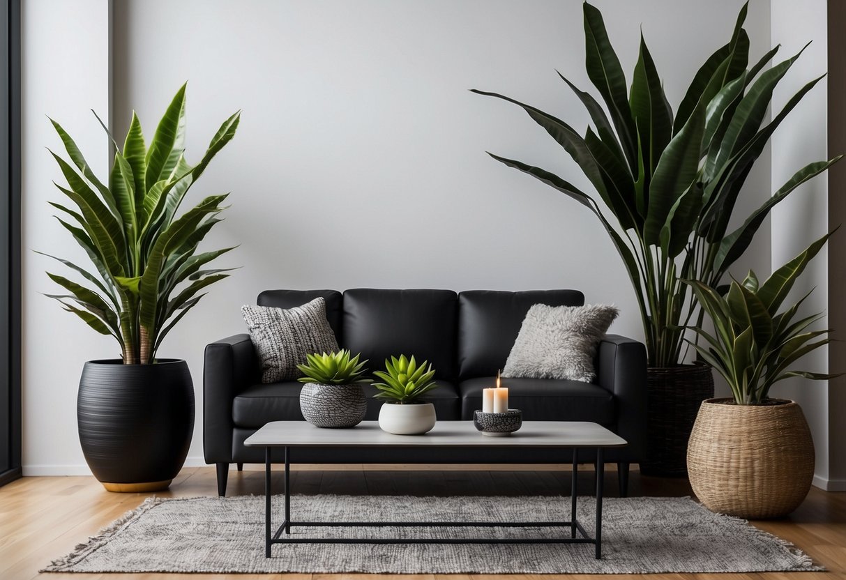 A modern living room with a sleek black pot containing a synthetic snake plant and other artificial plants as home decor