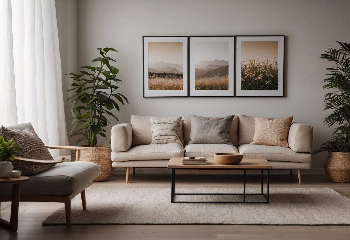 A cozy living room with a neutral color palette, a few potted plants, and simple geometric wall art. A sleek, minimalist bookshelf and a comfortable, uncluttered seating area complete the space