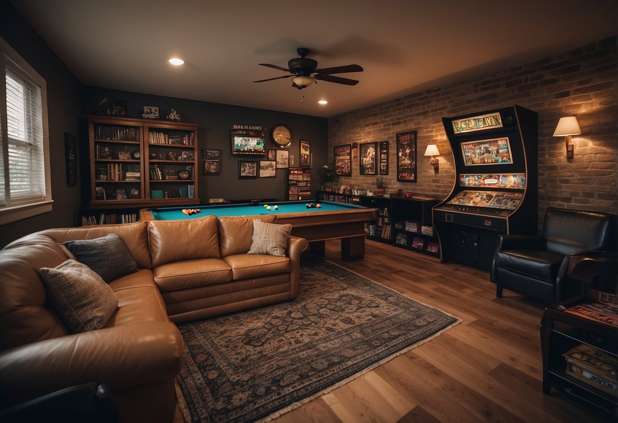 A cozy games room with a large, comfortable sectional sofa, a vintage arcade game, a pool table, and a wall-mounted TV surrounded by shelves of board games and sports memorabilia