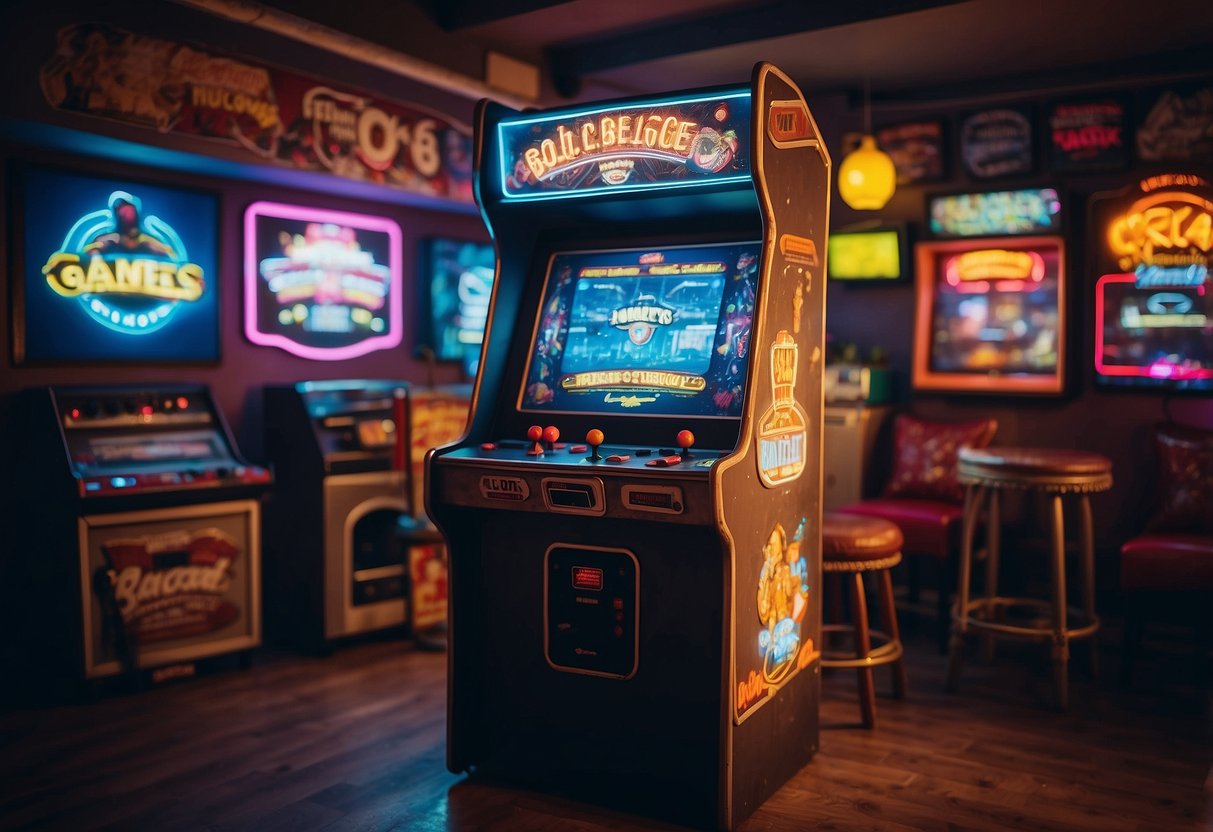 A vintage arcade machine stands in a games room, surrounded by retro posters and neon signs. The room is filled with nostalgic memorabilia and comfortable seating for gaming enthusiasts