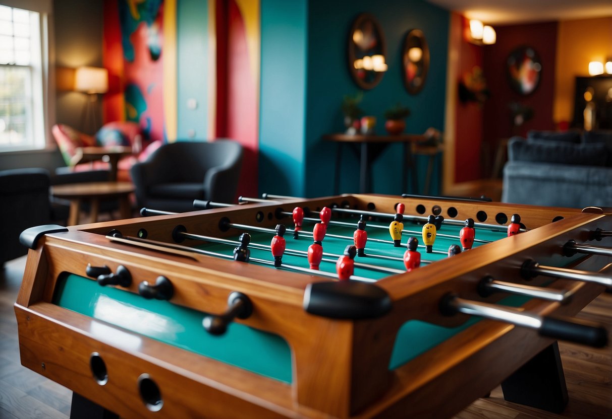 A foosball table sits in a vibrant games room, surrounded by colorful decor and comfortable seating. The room exudes a fun and inviting atmosphere, perfect for entertaining guests or enjoying a game night with friends