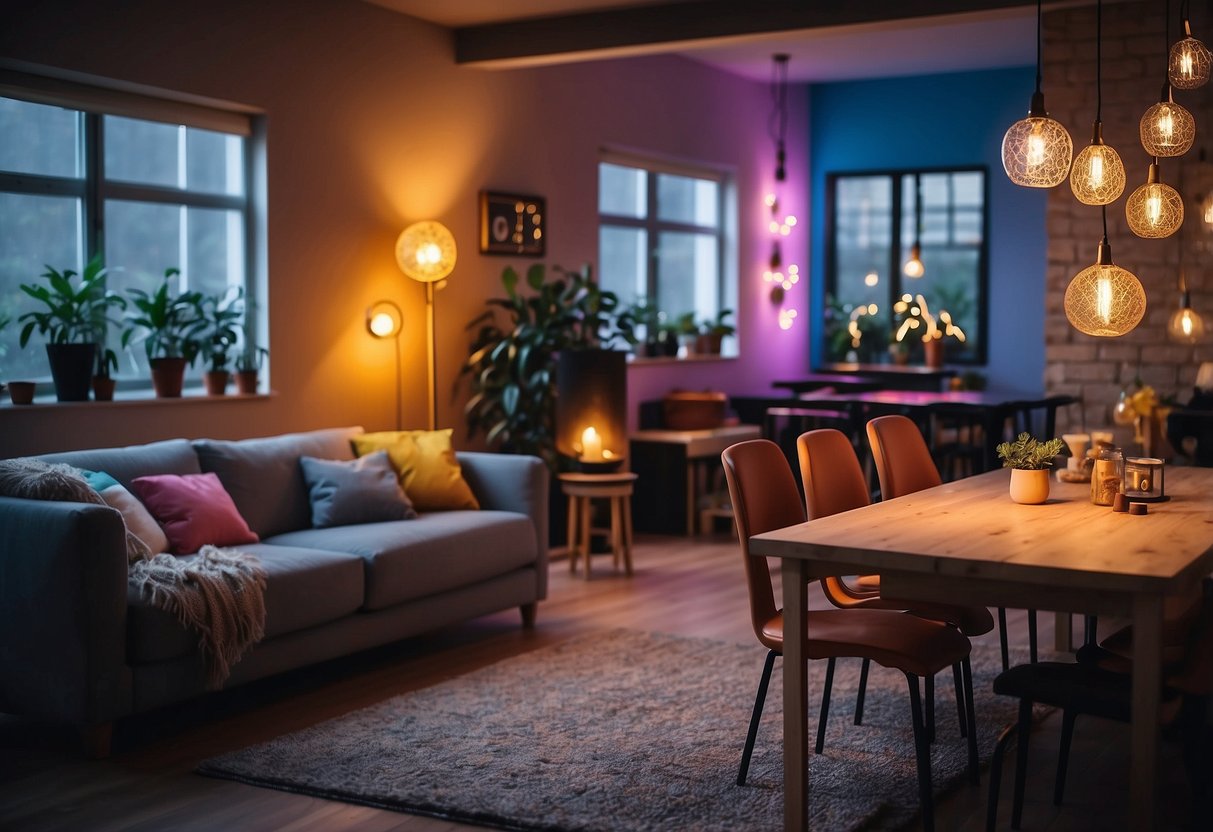 A cozy games room with colorful smart light bulbs illuminating the space. A mix of vibrant and calming hues create a playful and inviting atmosphere