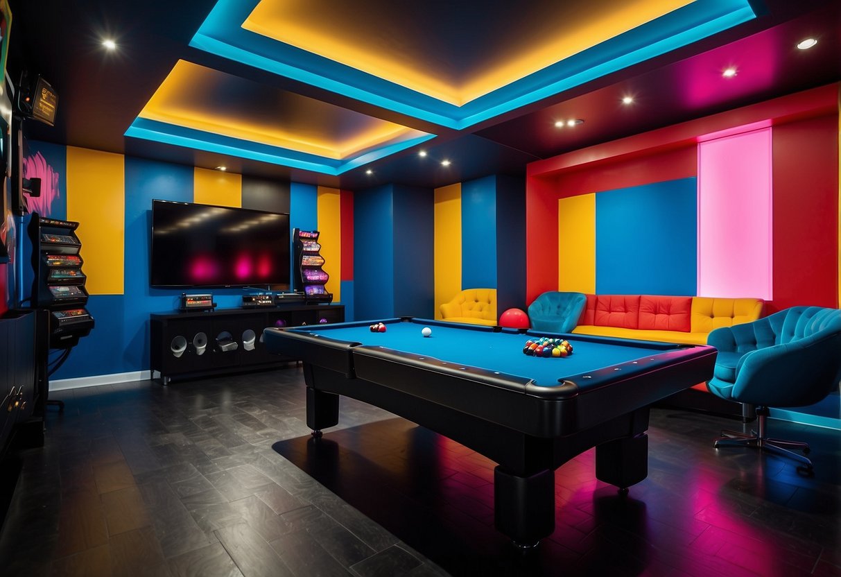 A vibrant games room with a mix of bold primary colors and neon accents. A sleek black gaming table is surrounded by plush seating in contrasting shades of blue, red, and yellow. The walls are adorned with colorful abstract artwork and shelves display an array of