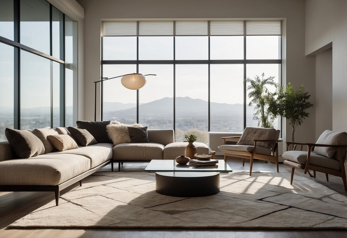 A sleek living room with minimalist furniture, abstract wall art, and a geometric rug. A large window lets in natural light, highlighting the clean lines and neutral color palette