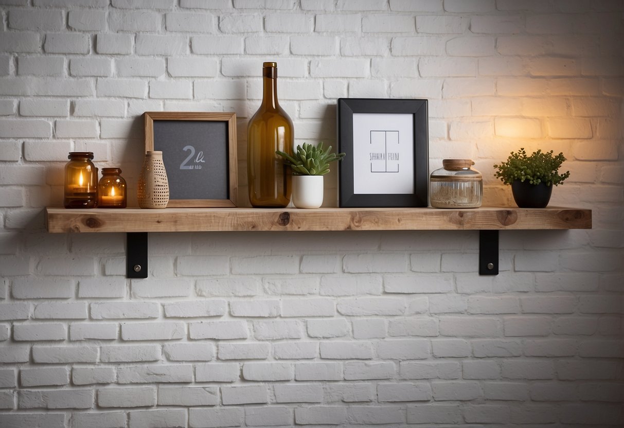 Rustic wooden floating shelves mounted on a white brick wall with modern home decor items displayed