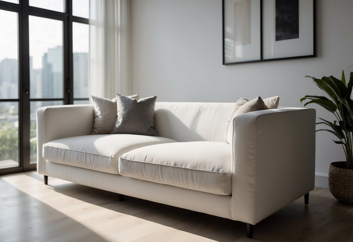 A sleek, white minimalist sofa sits in a spacious, sunlit living room. Clean lines and neutral tones create a serene, contemporary atmosphere